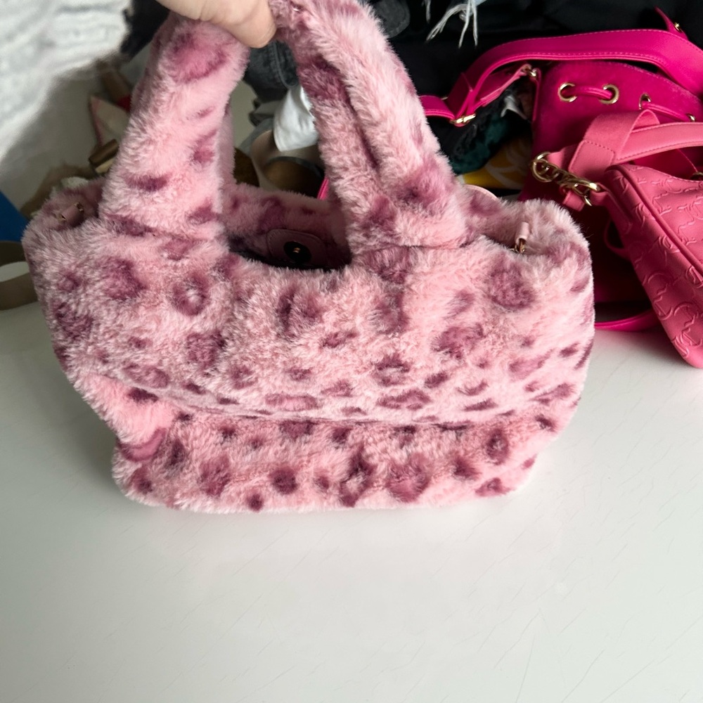 Y2K Juicy Couture Warm Up Mini Tote Pink Leopard Faux Fur Print Glam Bag - Picture 5 of 8